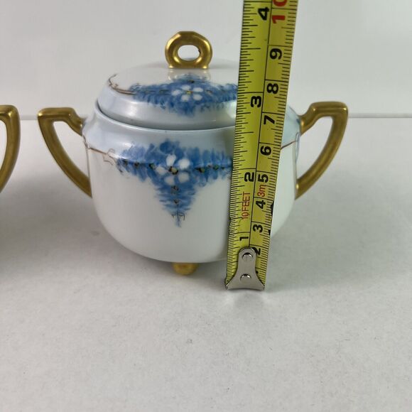 Vintage Epiag Czechoslovakia Footed Cream and Sugar Bowl Blue With Daisies - Picture 6 of 13